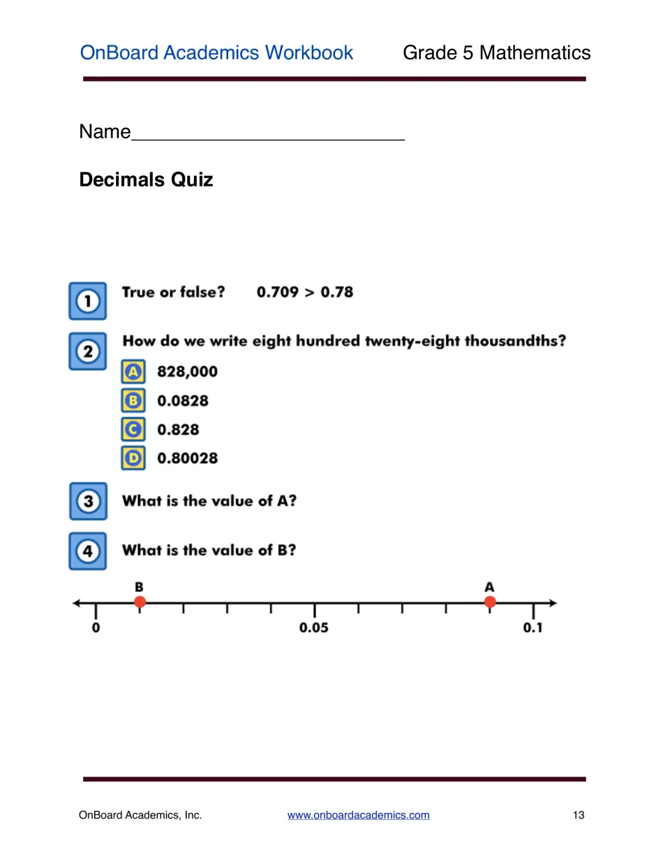 Decimals quiz: students compare 0.709 and 0.78, pick 828 thousandths as a decimal and read points A and B on a number line