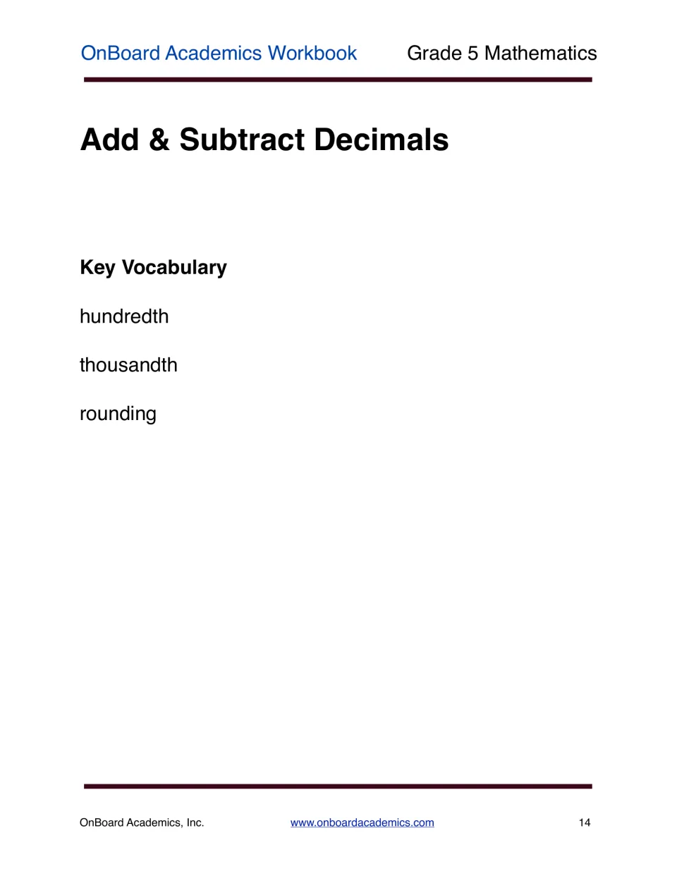 Add and subtract decimals unit opener with key vocabulary terms hundredth, thousandth and rounding