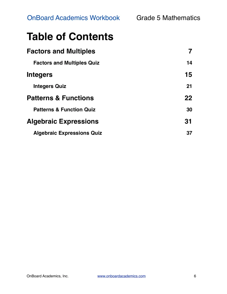 Table of contents: factors and multiples, integers, patterns and functions, algebraic expressions, each with a quiz
