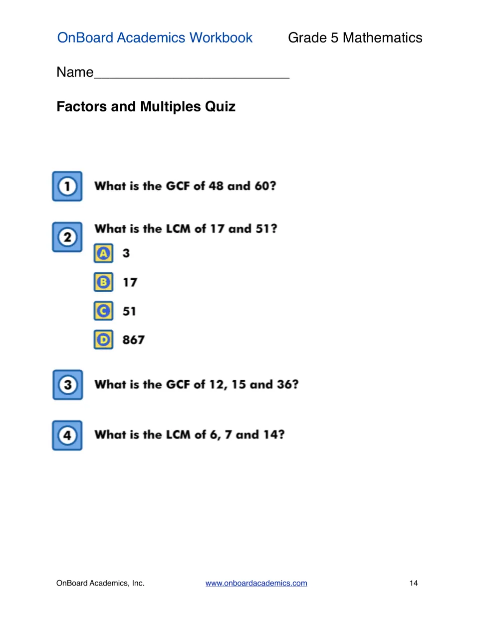 Factors and multiples quiz: students solve GCF of 48 and 60, LCM of 17 and 51, GCF of 12, 15, 36 and LCM of 6, 7, 14