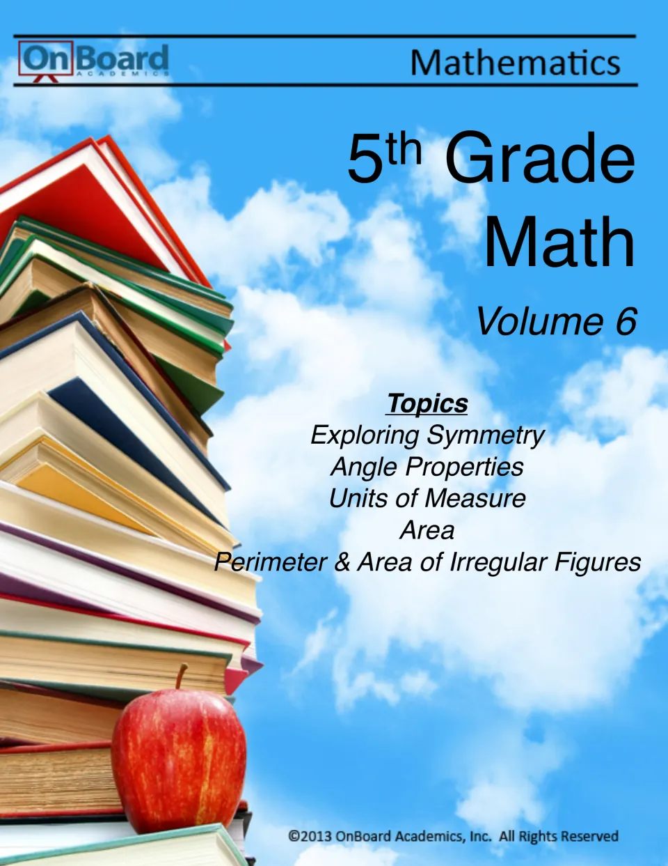 5th Grade Math Volume 6 cover listing topics: symmetry, angle properties, units of measure, area, irregular figures