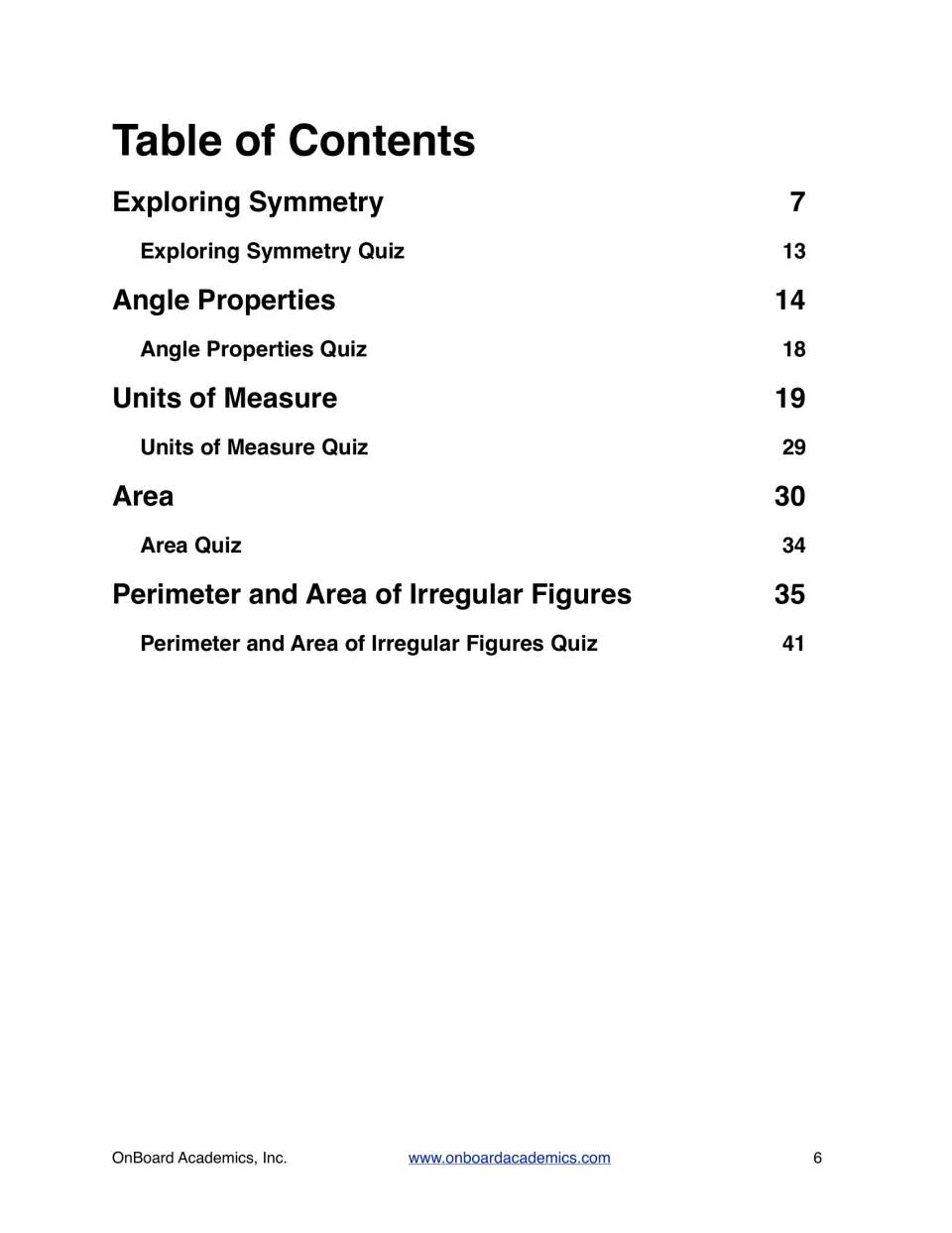 Table of contents listing five units, symmetry through perimeter and area of irregular figures, each followed by a quiz
