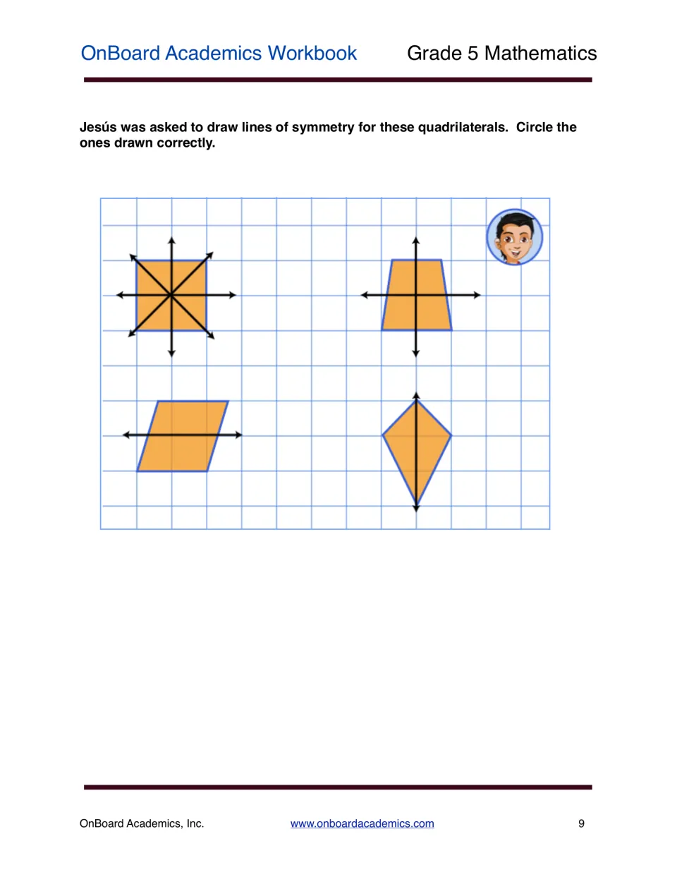 Line symmetry error check: students circle the correct lines Jesús drew on a square, trapezoid, parallelogram and kite