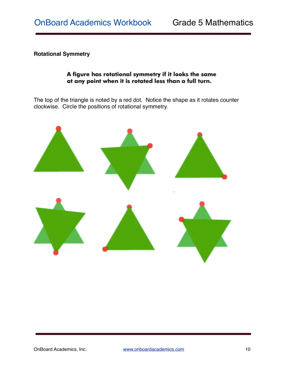 Rotational symmetry: students track a red-dot triangle turning counterclockwise and circle spots where it looks the same