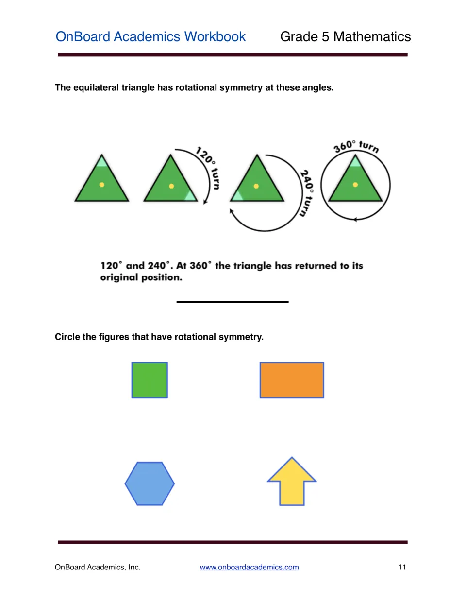 Equilateral triangle shown with rotational symmetry at 120° and 240°; students circle which of four shapes also have it