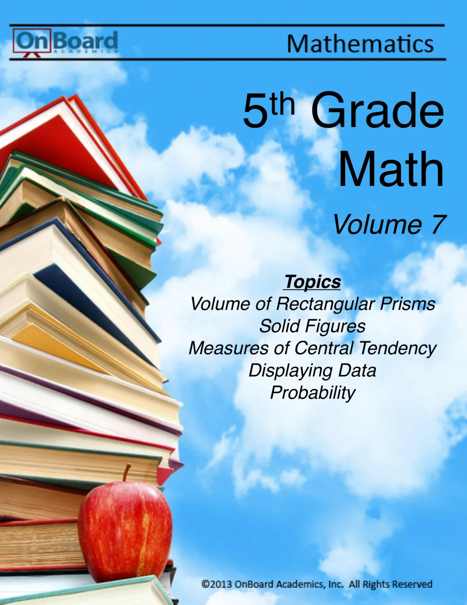 5th Grade Math Volume 7 cover from OnBoard Academics listing volume, solid figures, central tendency, data, probability