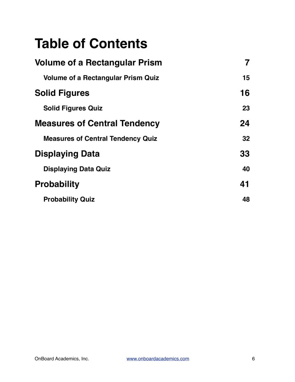 Table of contents: five math units, each followed by a quiz, from prism volume to probability, with page numbers