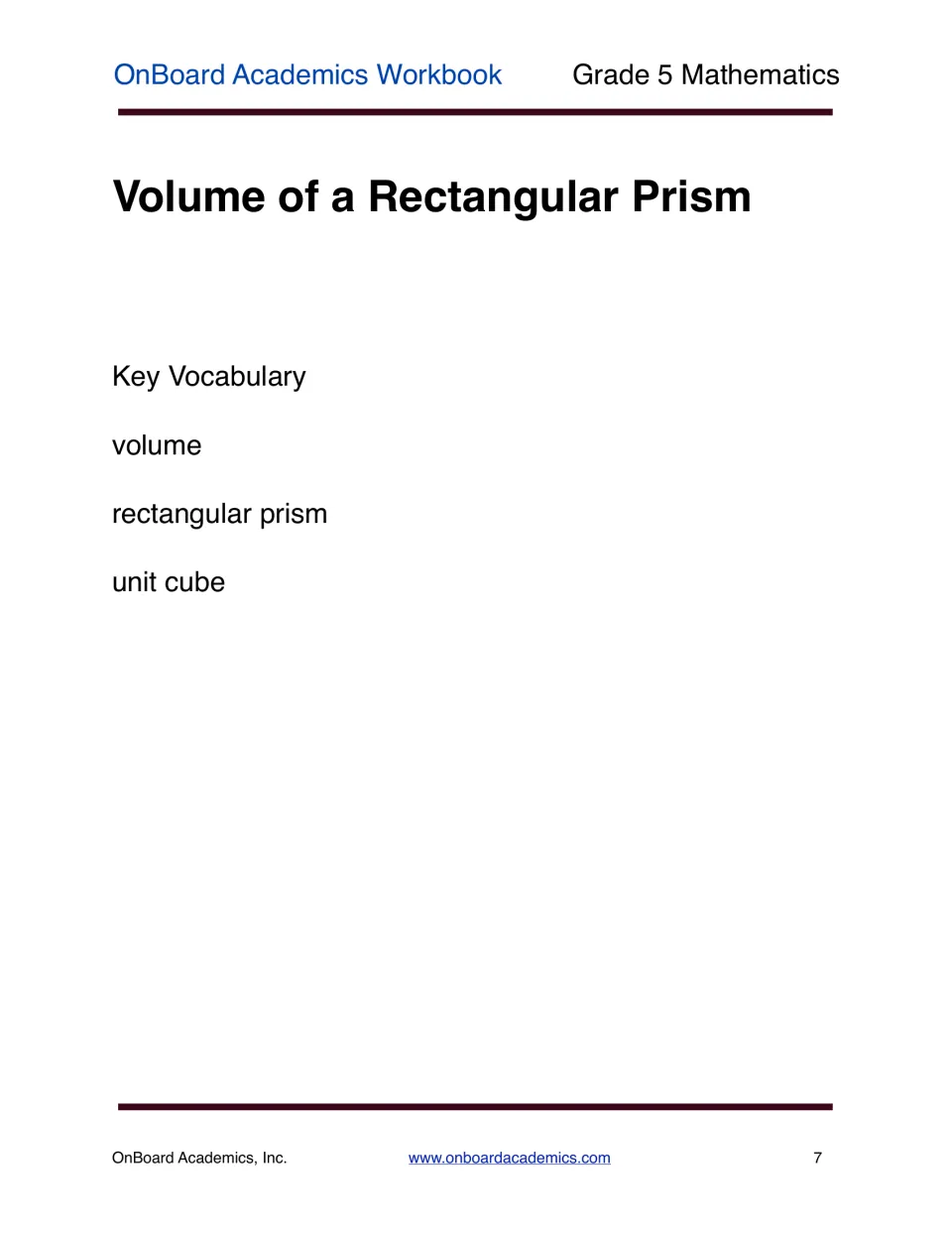 Volume of a rectangular prism unit opener introducing three key vocabulary terms: volume, rectangular prism and unit cube