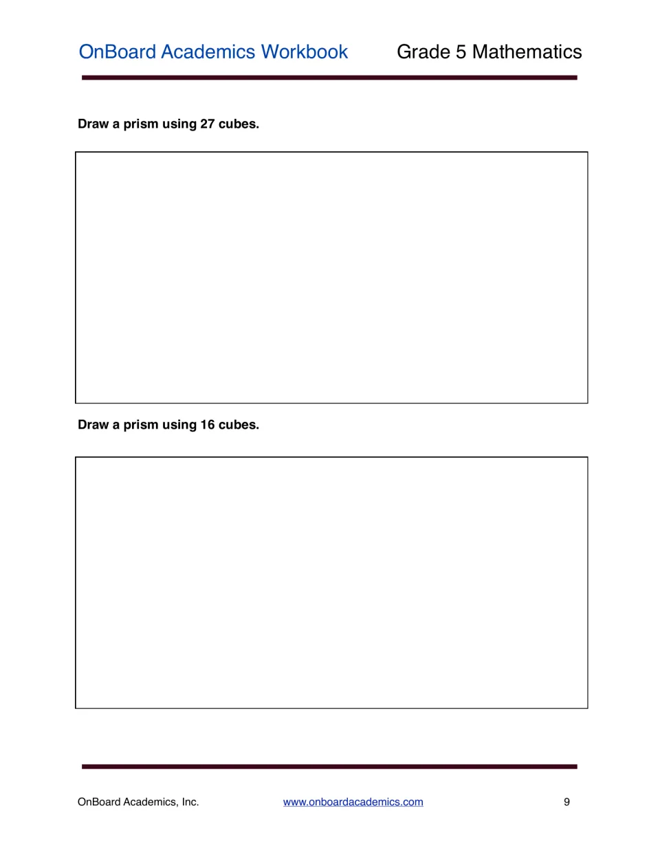 Building prisms from cubes: students draw one rectangular prism made of 27 cubes and another made of 16 cubes