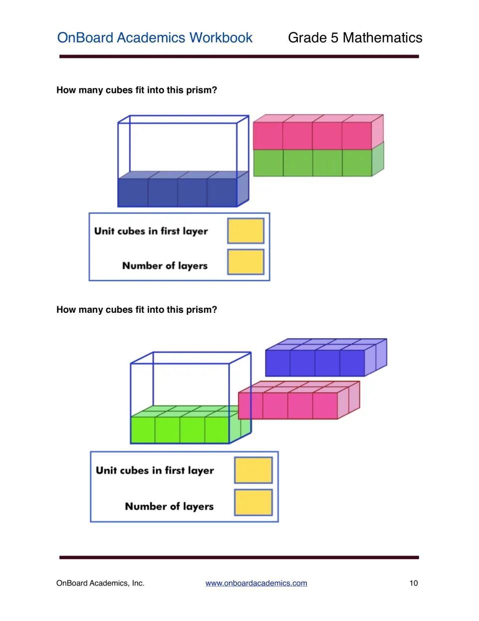Layers of unit cubes: for two prisms, students record cubes in the first layer and the number of layers to find the total