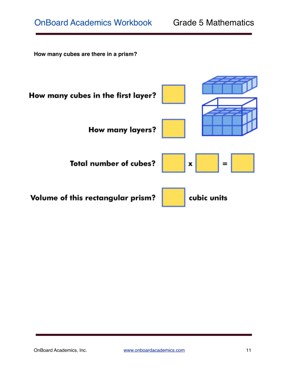 Volume as layers times cubes: students fill in first-layer cubes, number of layers, a multiplication and the cubic units
