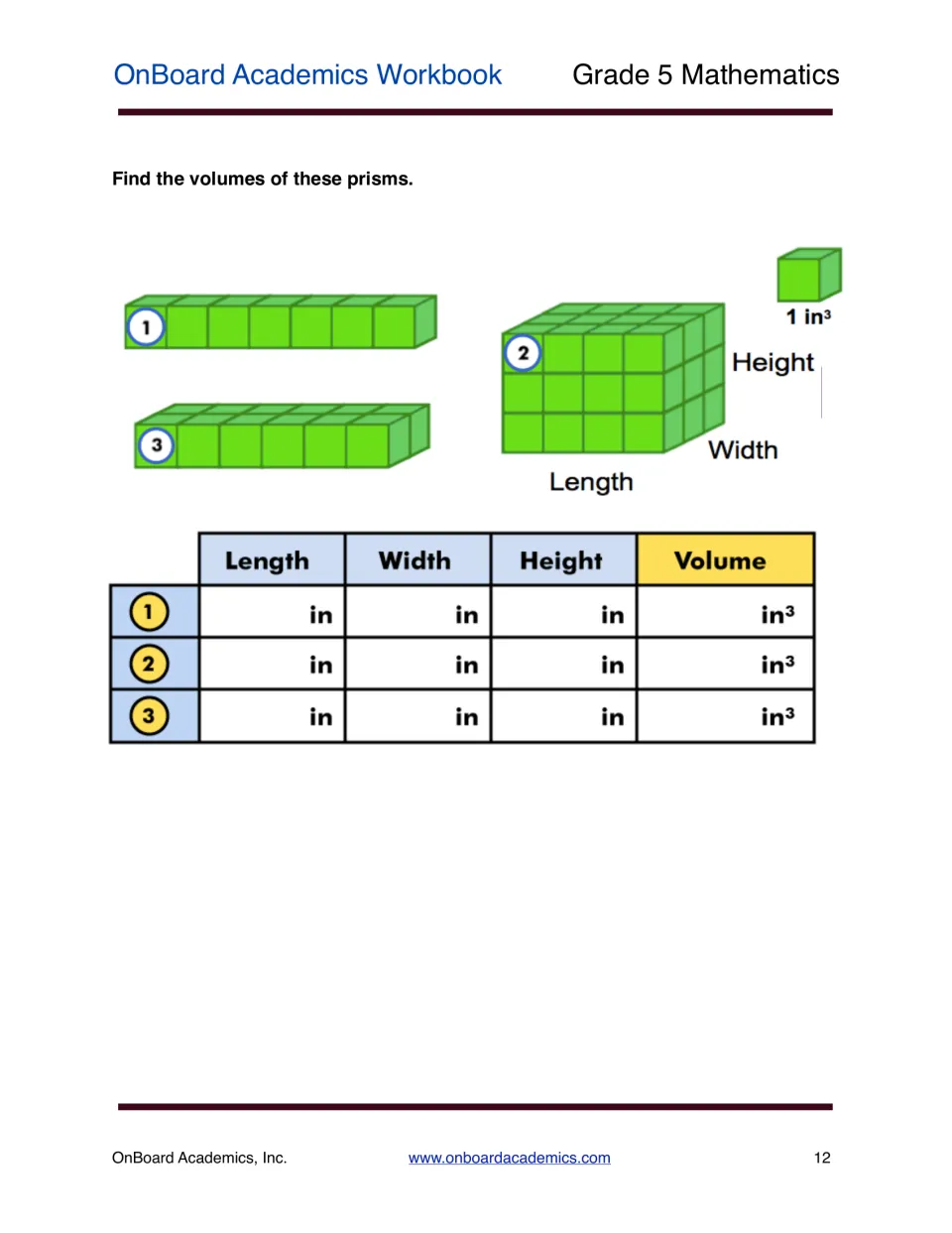 Finding volume in cubic inches: students record length, width, height and volume for three prisms built from 1 in³ cubes