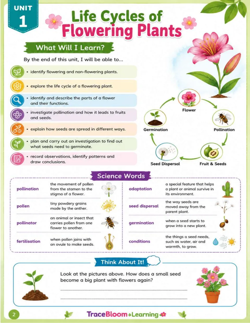 Unit overview lists learning goals, defines eight science words, and illustrates the flowering plant life cycle