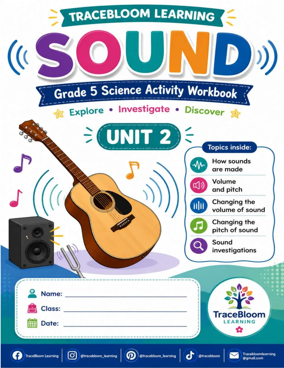 Sound workbook cover for Grade 5, Unit 2, listing how sounds are made, volume, pitch, and investigations