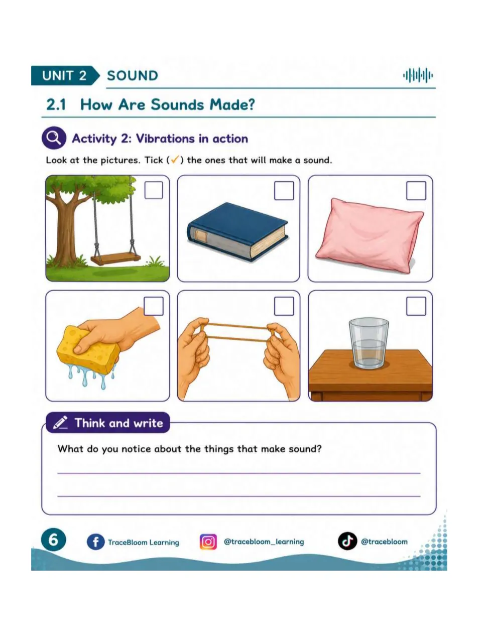 Vibrations in action activity asks students to check sound-making pictures and explain what they notice