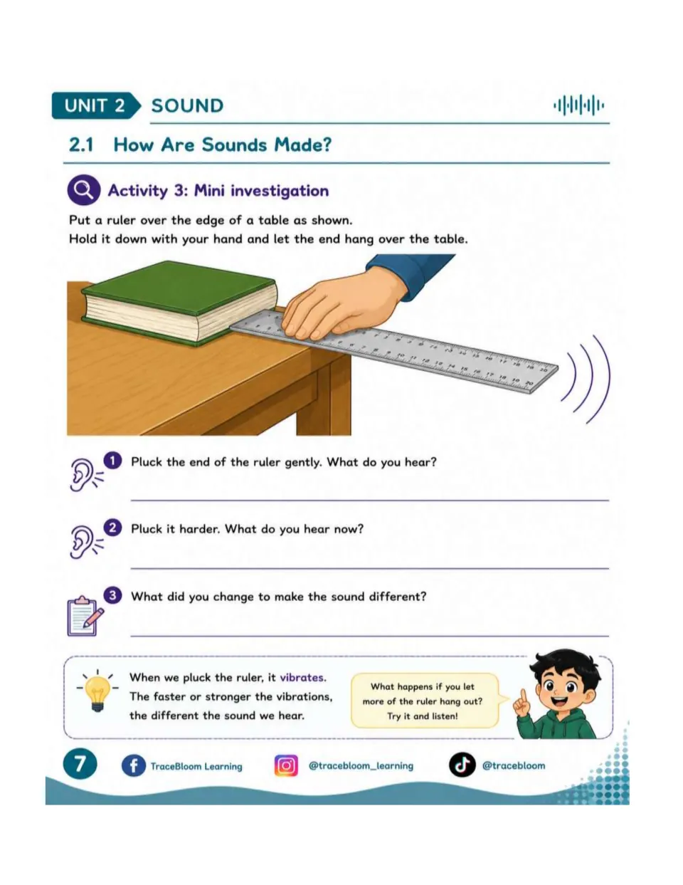 Mini investigation asks students to pluck a ruler gently and harder, compare sounds, and identify the change