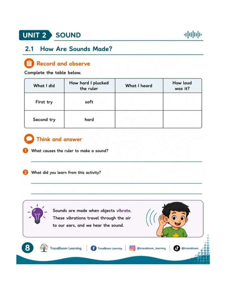 Ruler investigation recording page compares soft and hard plucks, what students heard, and sound loudness