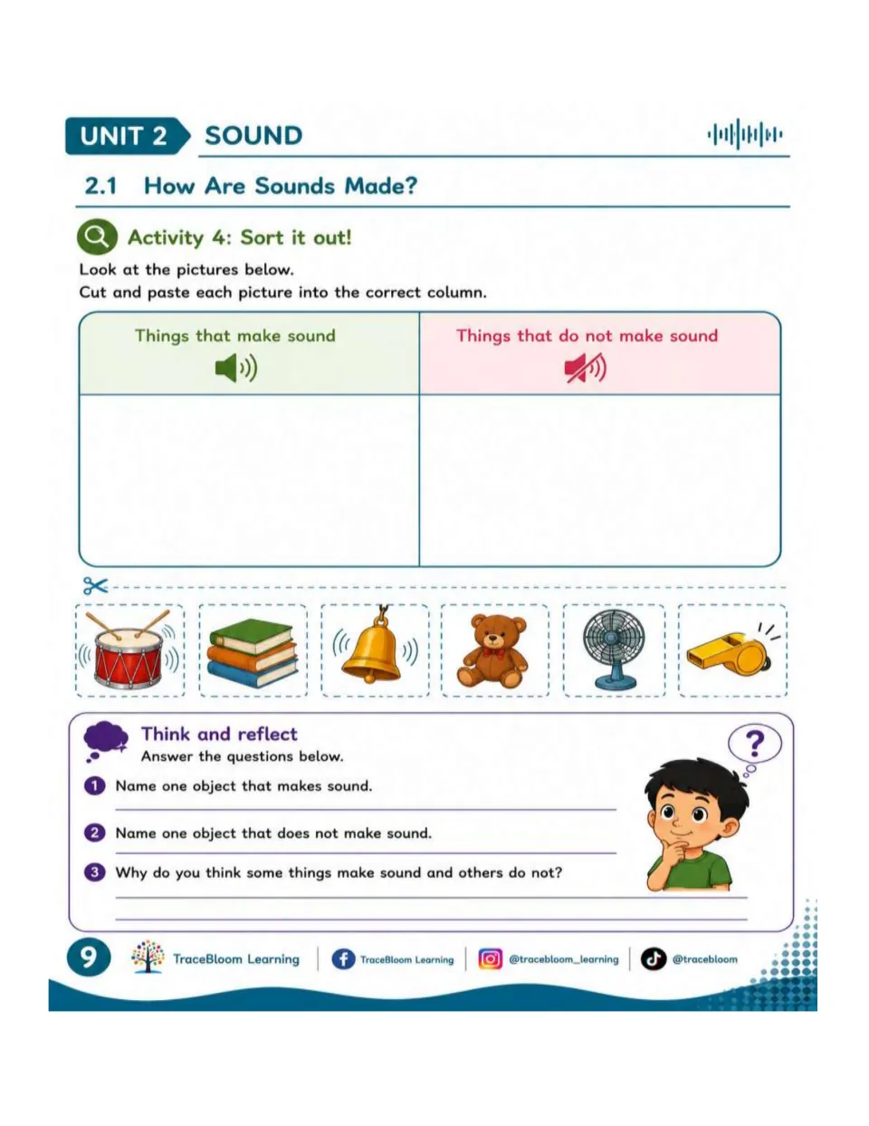 Sound sorting activity asks students to cut and paste a drum, books, bell, teddy bear, fan, and whistle