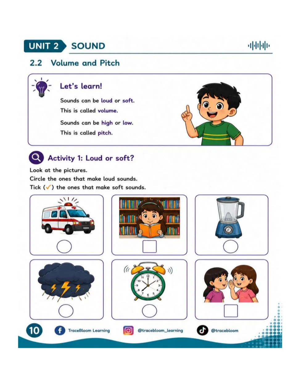 Volume and pitch lesson defines loud or soft and high or low, then asks students to mark loud and soft sounds
