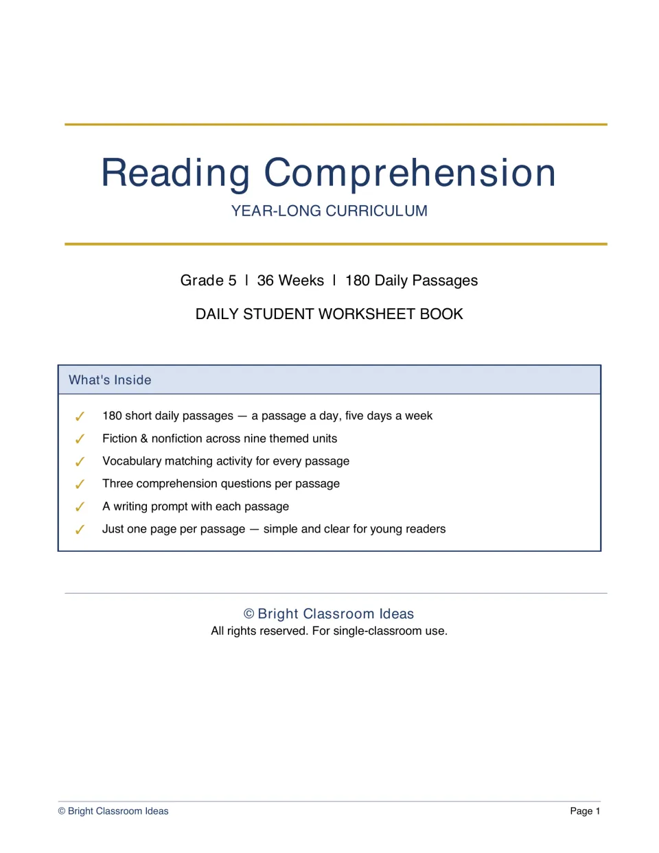 Reading Comprehension year-long curriculum cover: Grade 5, 36 weeks, 180 daily passages, with a What's Inside list