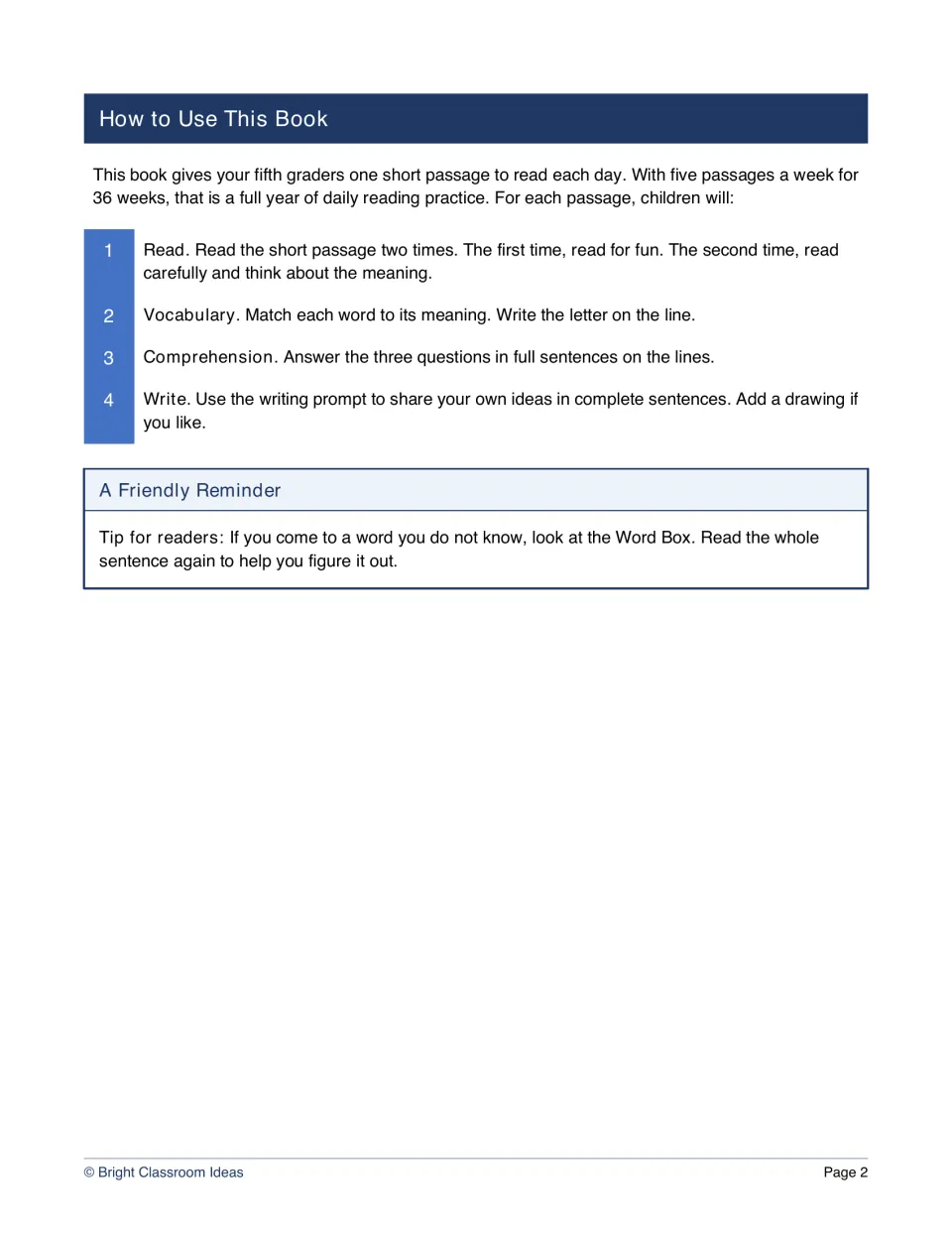 How to Use This Book: four daily steps (read twice, match vocabulary, answer three questions, write) plus a Word Box tip