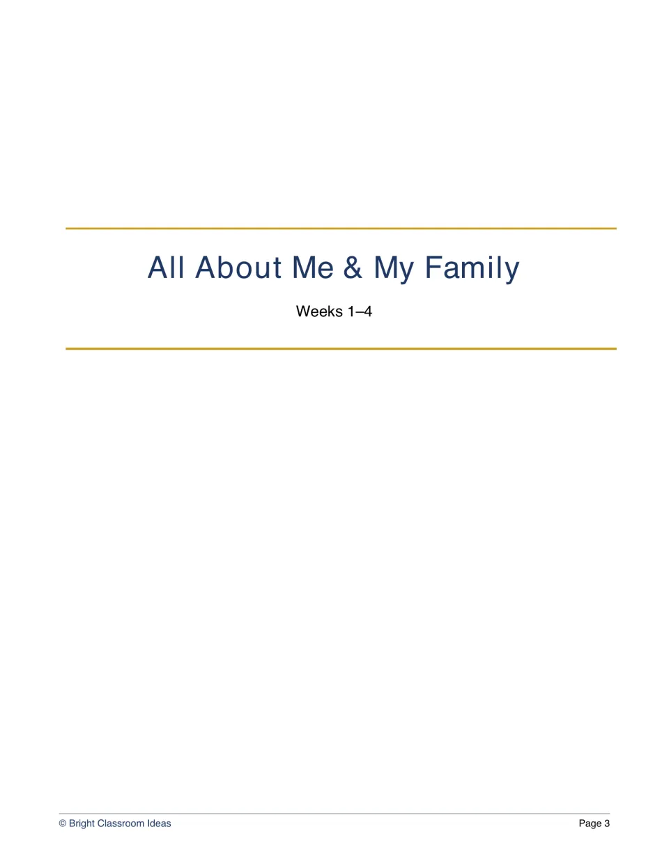 Unit divider titled All About Me & My Family, marking the start of the first themed unit covering Weeks 1 to 4
