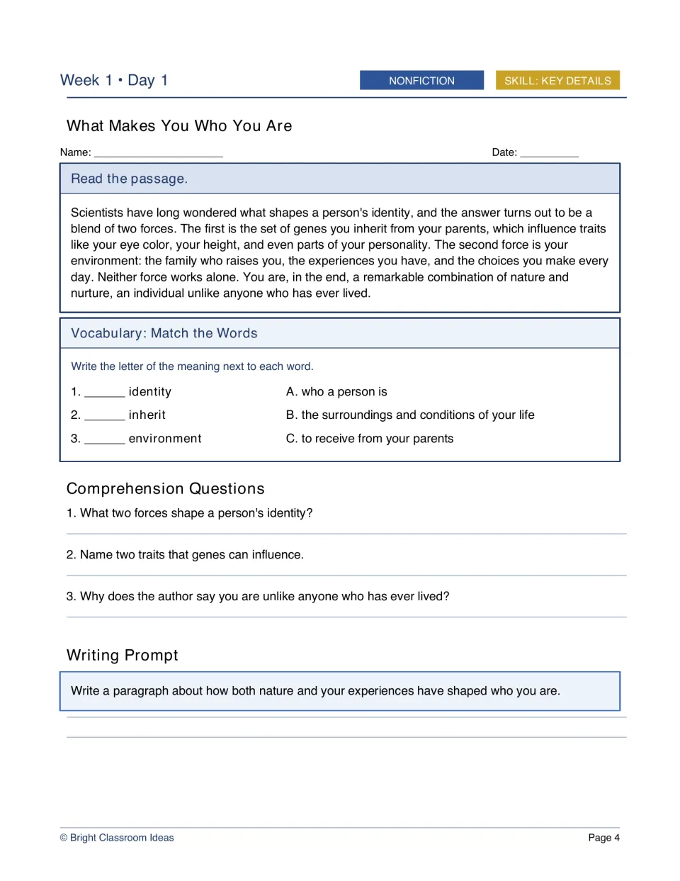 Nonfiction key details passage on nature and nurture shaping identity, with word matching, three questions and a prompt