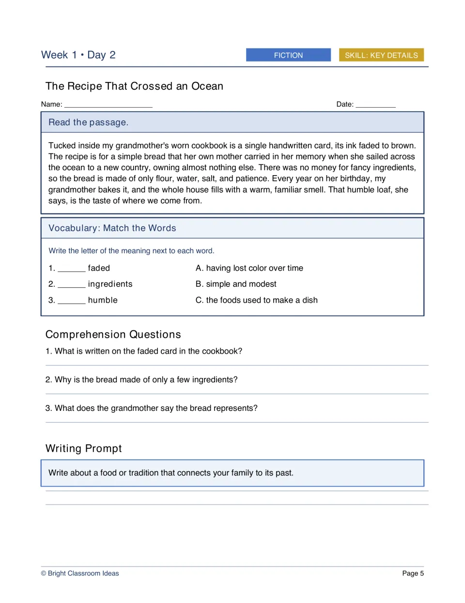 The Recipe That Crossed an Ocean: key details fiction about a family bread recipe, with vocabulary match and questions