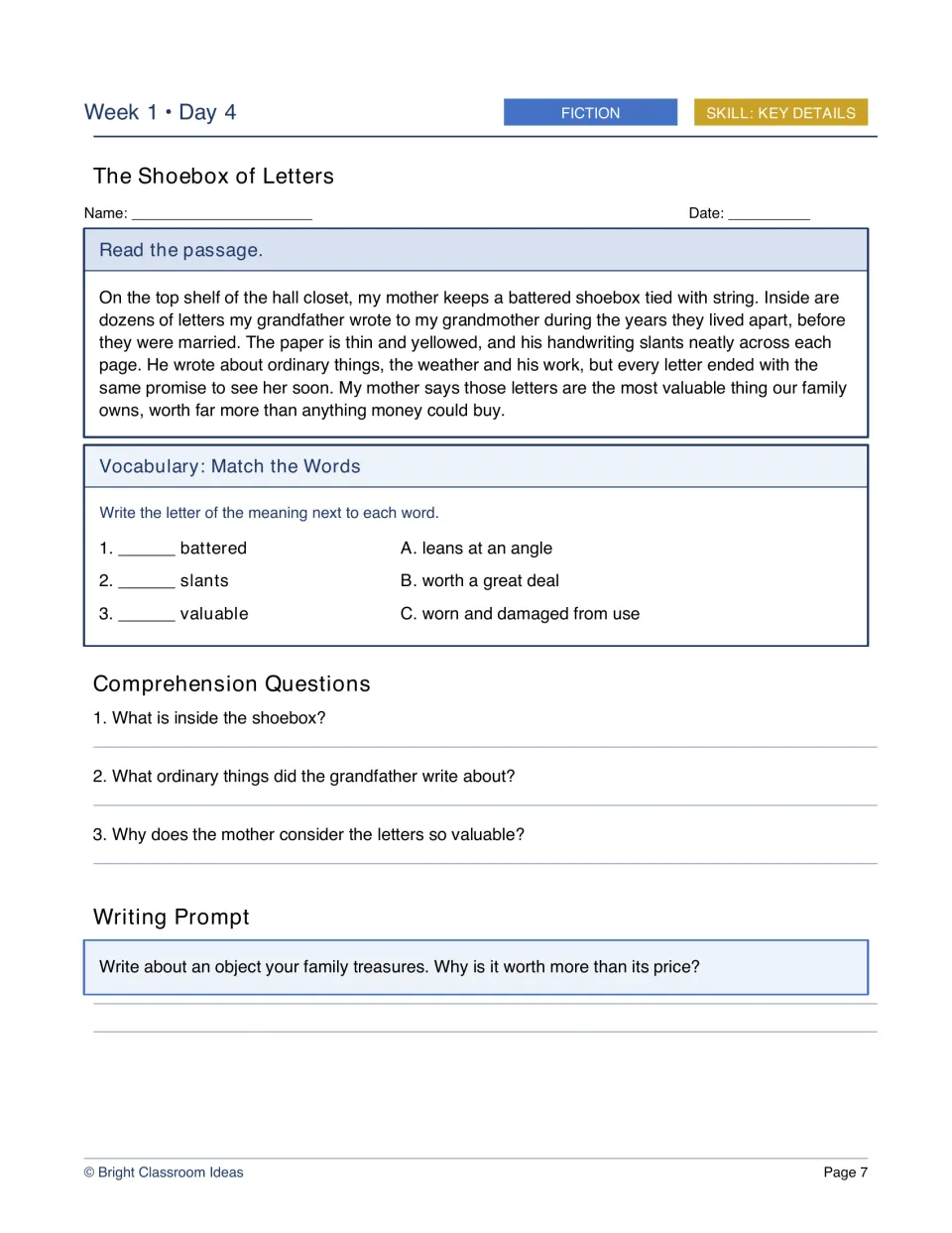 The Shoebox of Letters: fiction about a grandfather's old letters; students recall key details and match vocabulary
