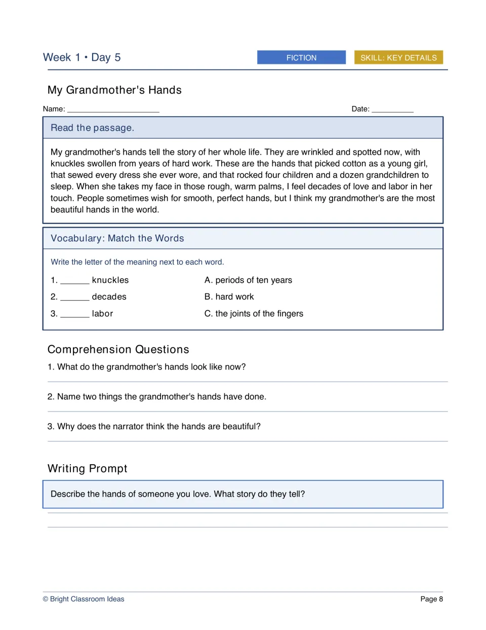 My Grandmother's Hands: descriptive fiction; students match knuckles, decades, labor and answer key details questions