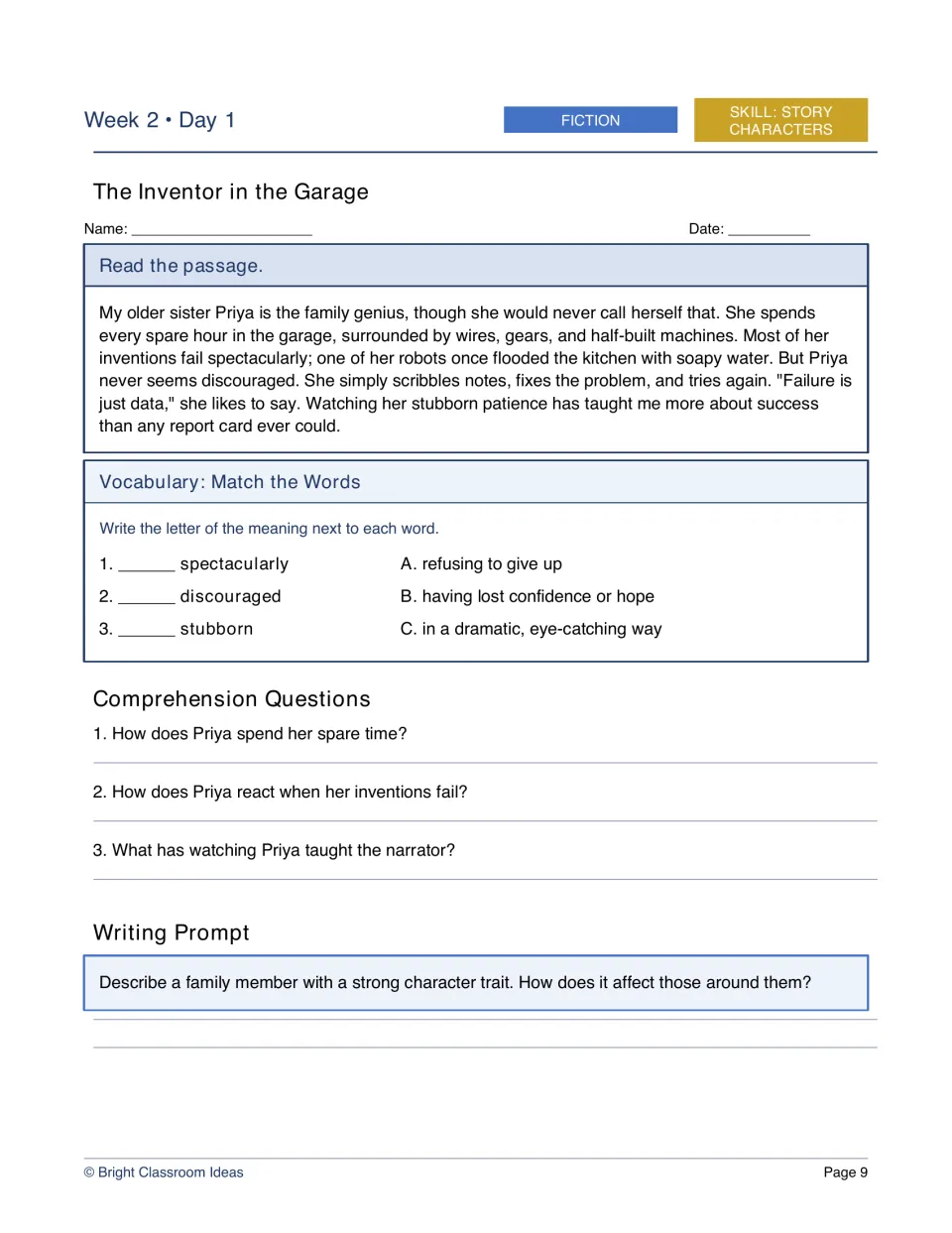 The Inventor in the Garage: story characters passage on Priya, who keeps trying after failed inventions, with questions