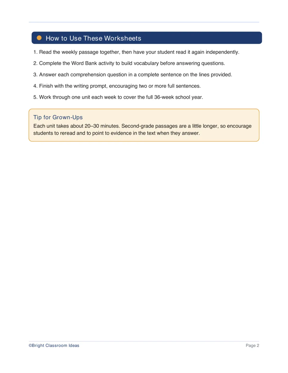 Directions for weekly reading units: reread the passage, complete vocabulary, answer questions, and write