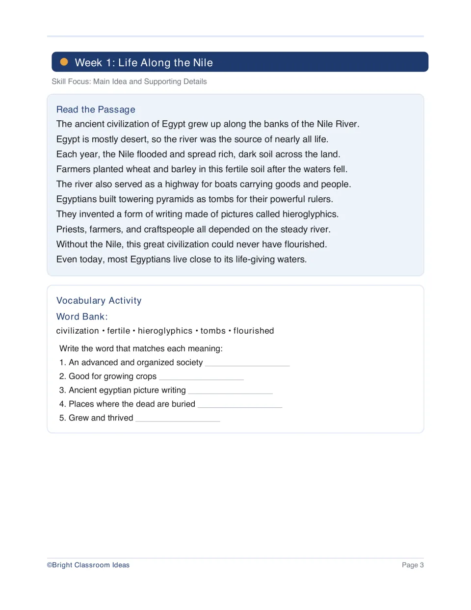 Week 1 passage, Life Along the Nile, and five vocabulary definitions focus on main idea and supporting details