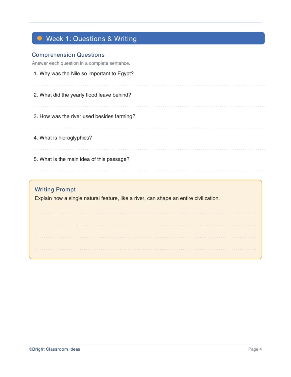 Week 1 has five Nile passage questions and a writing prompt about how a natural feature shapes a civilization