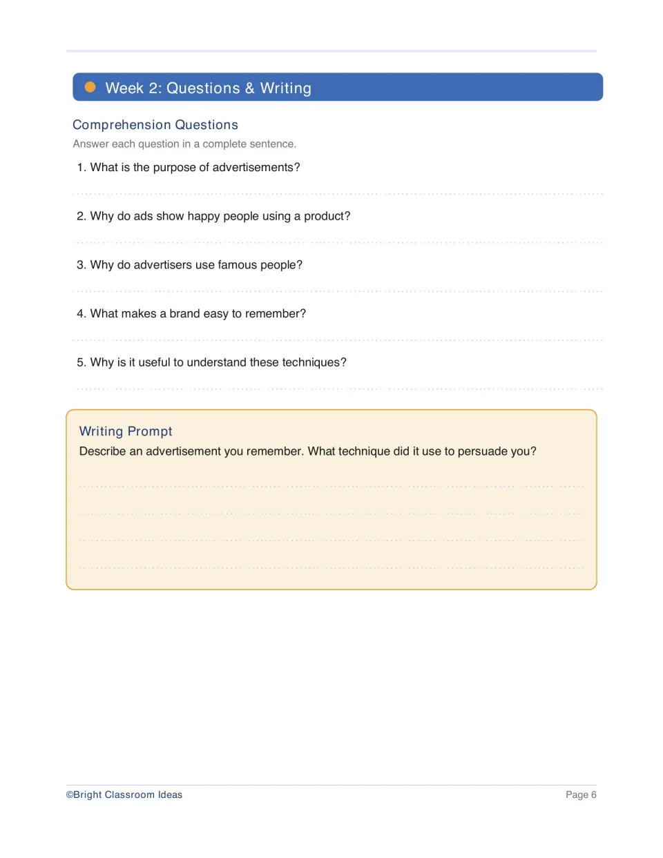 Week 2 has five advertising questions and a writing prompt asking students to describe an ad's persuasion technique