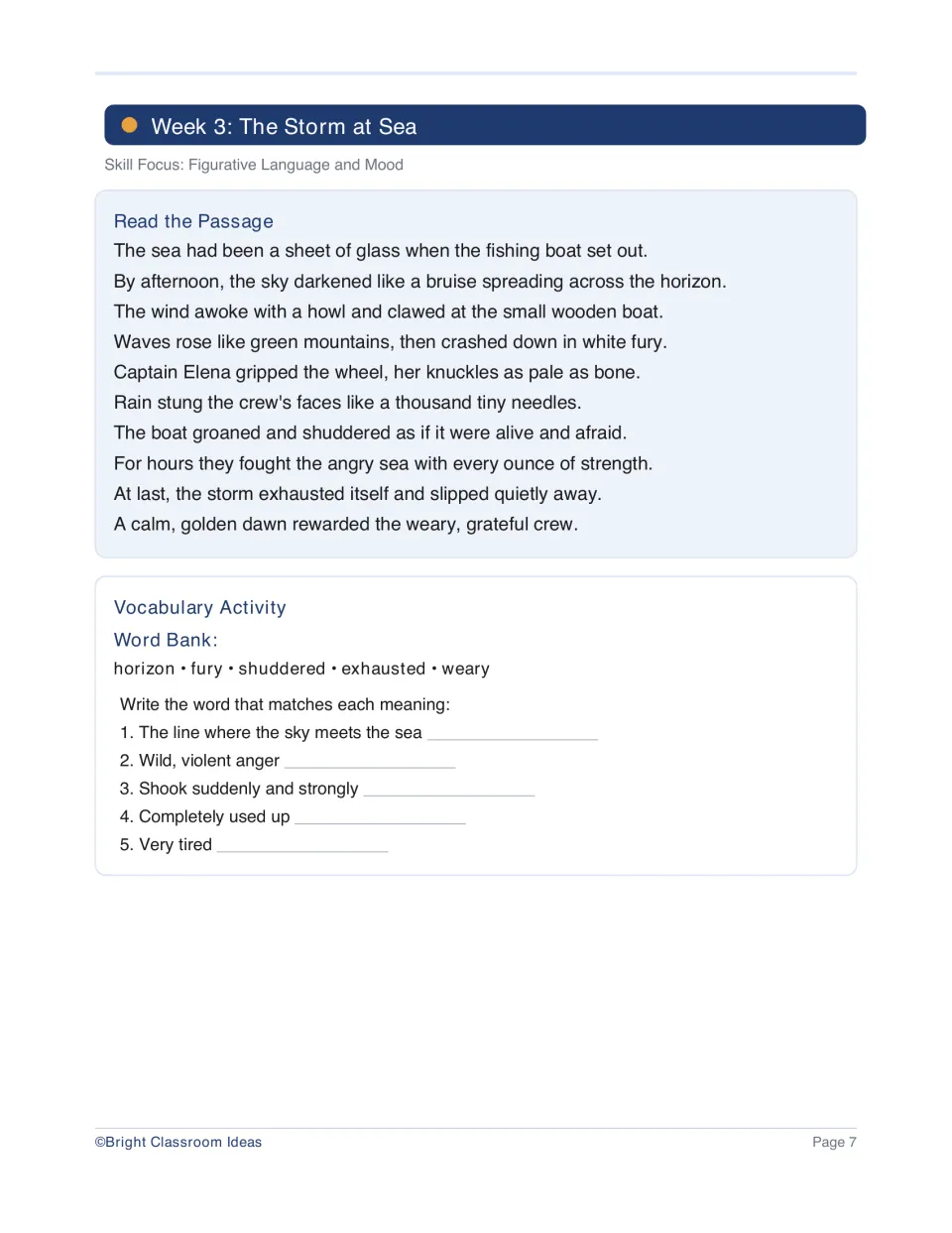 Week 3 passage, The Storm at Sea, and vocabulary follow Captain Elena's crew, focusing on figurative language and mood