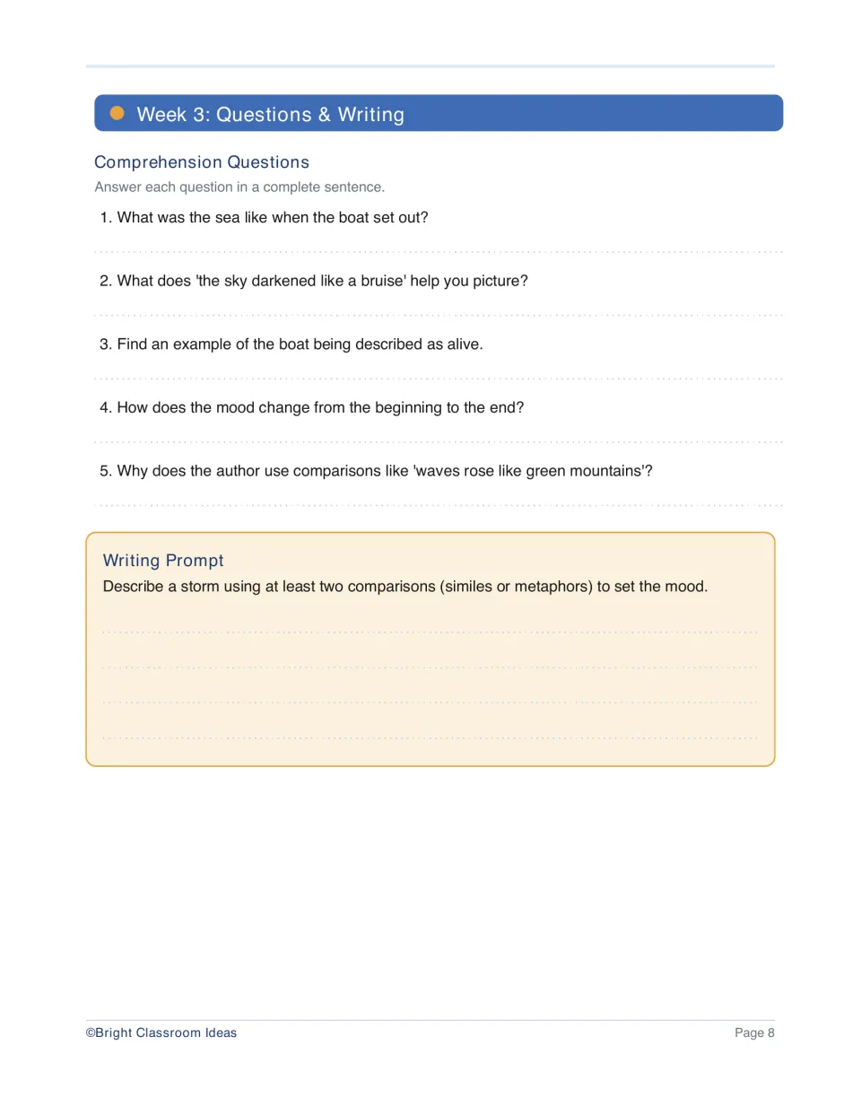 Week 3 has five storm passage questions and a prompt to describe a storm using at least two similes or metaphors
