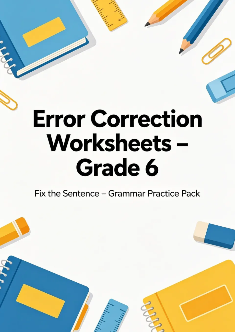 Cover: Error Correction Worksheets – Grade 6, subtitled Fix the Sentence – Grammar Practice Pack, with school supplies