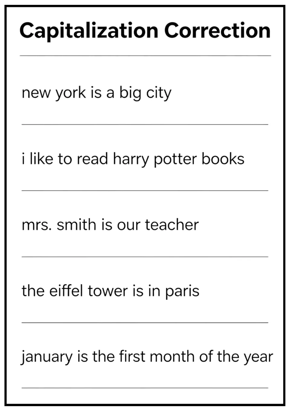 Capitalization correction: students rewrite five sentences like 'new york is a big city' capitalizing proper nouns and I