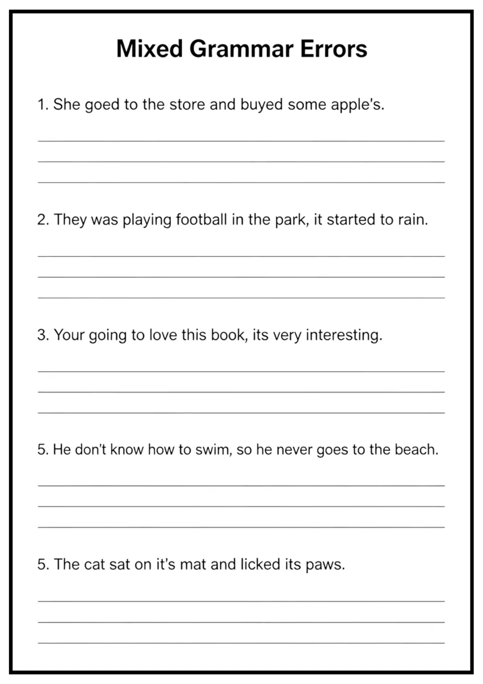 Mixed grammar errors: students rewrite sentences with errors in past tense, apostrophes, your/you're and it's/its
