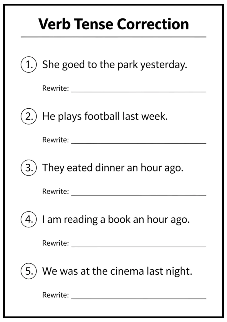 Verb tense correction: students rewrite five sentences such as 'He plays football last week' using the correct past tense