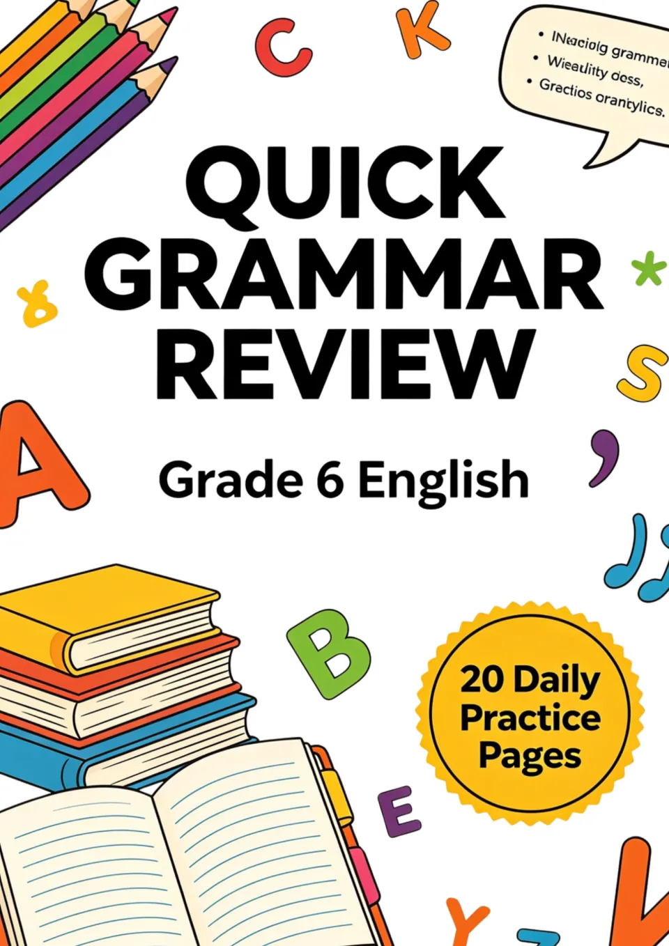 Grammar review pack cover labeled 'Grade 6 English' and '20 Daily Practice Pages' beneath the main title