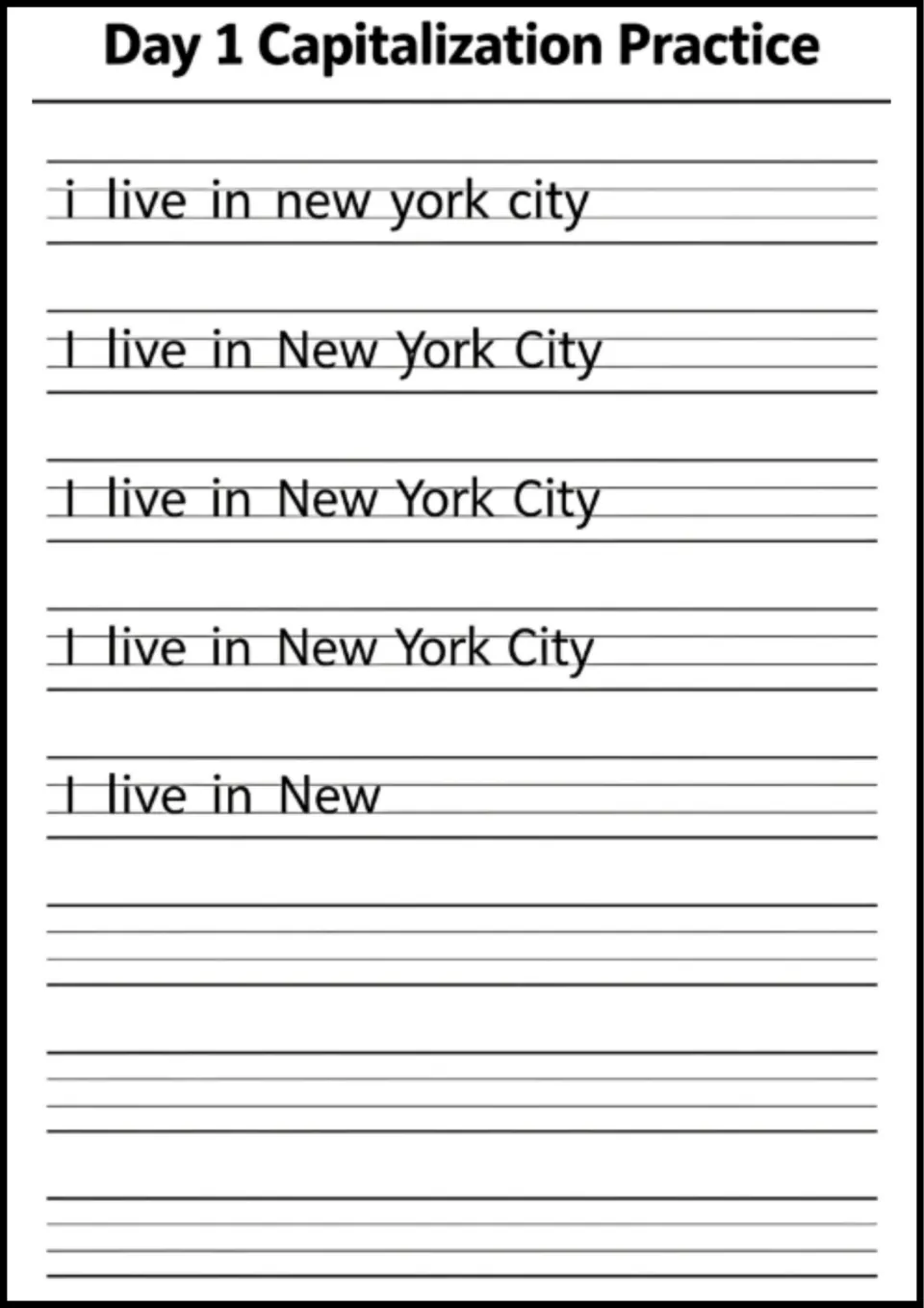 Day 1 capitalization practice repeats 'I live in New York City' after a lowercase version of the sentence