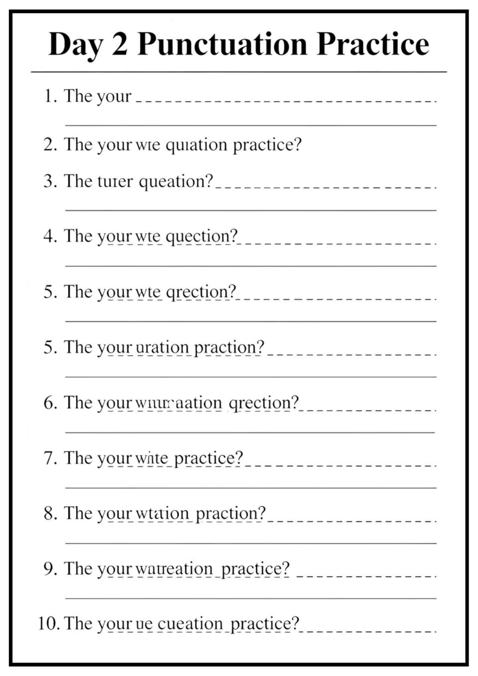 Day 2 punctuation practice includes garbled prompts such as 'The your wte quation practice?' for review