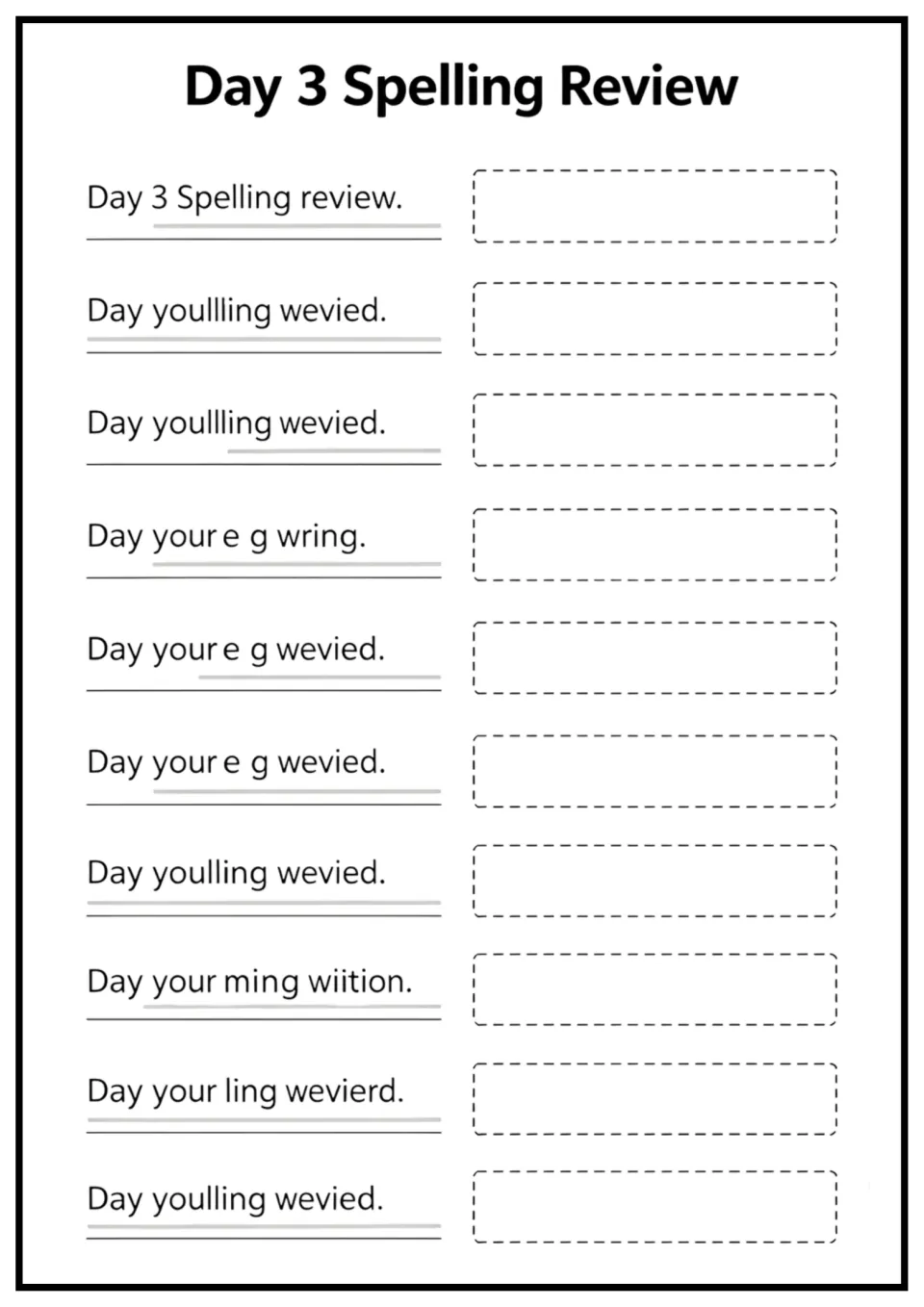 Day 3 spelling review contains ten entries, including 'Day 3 Spelling review.' and repeated garbled phrases