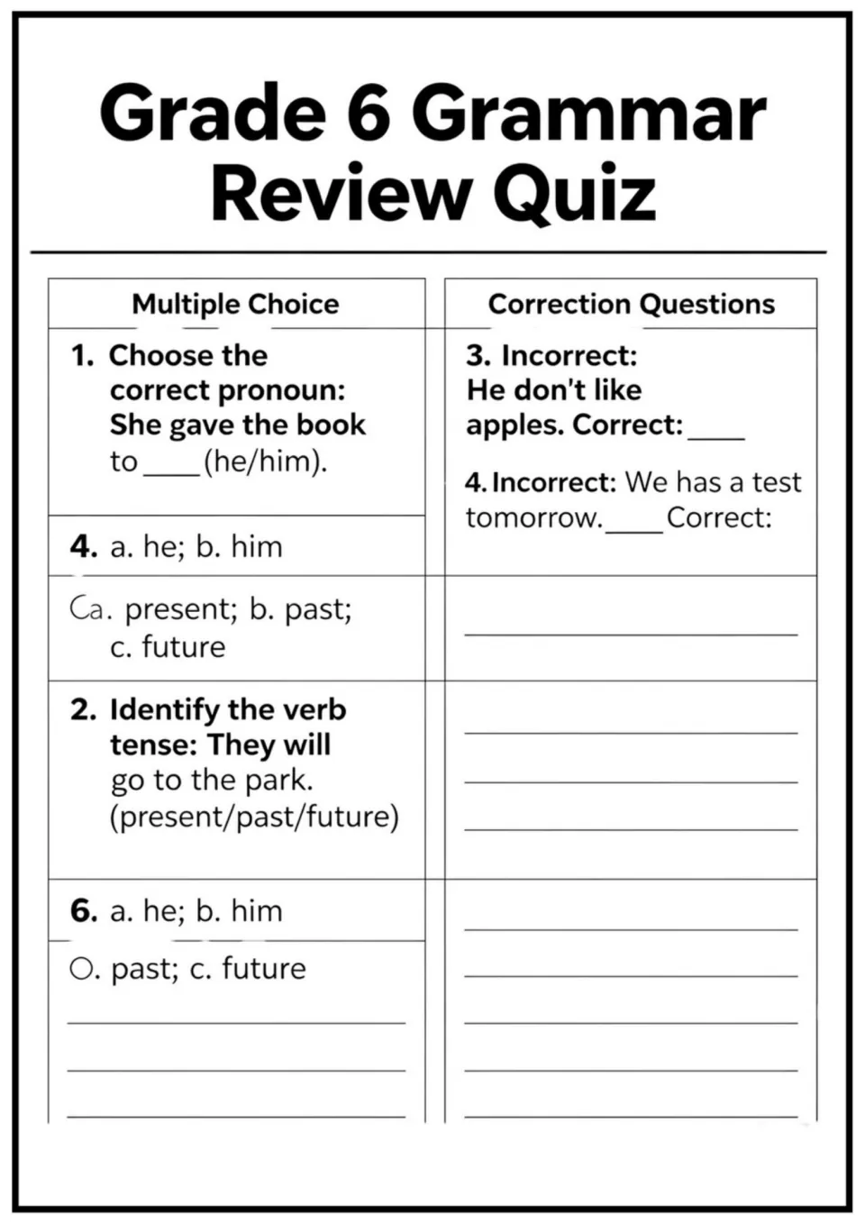 Grammar review quiz asks for he or him, the tense of 'They will go to the park,' and sentence corrections