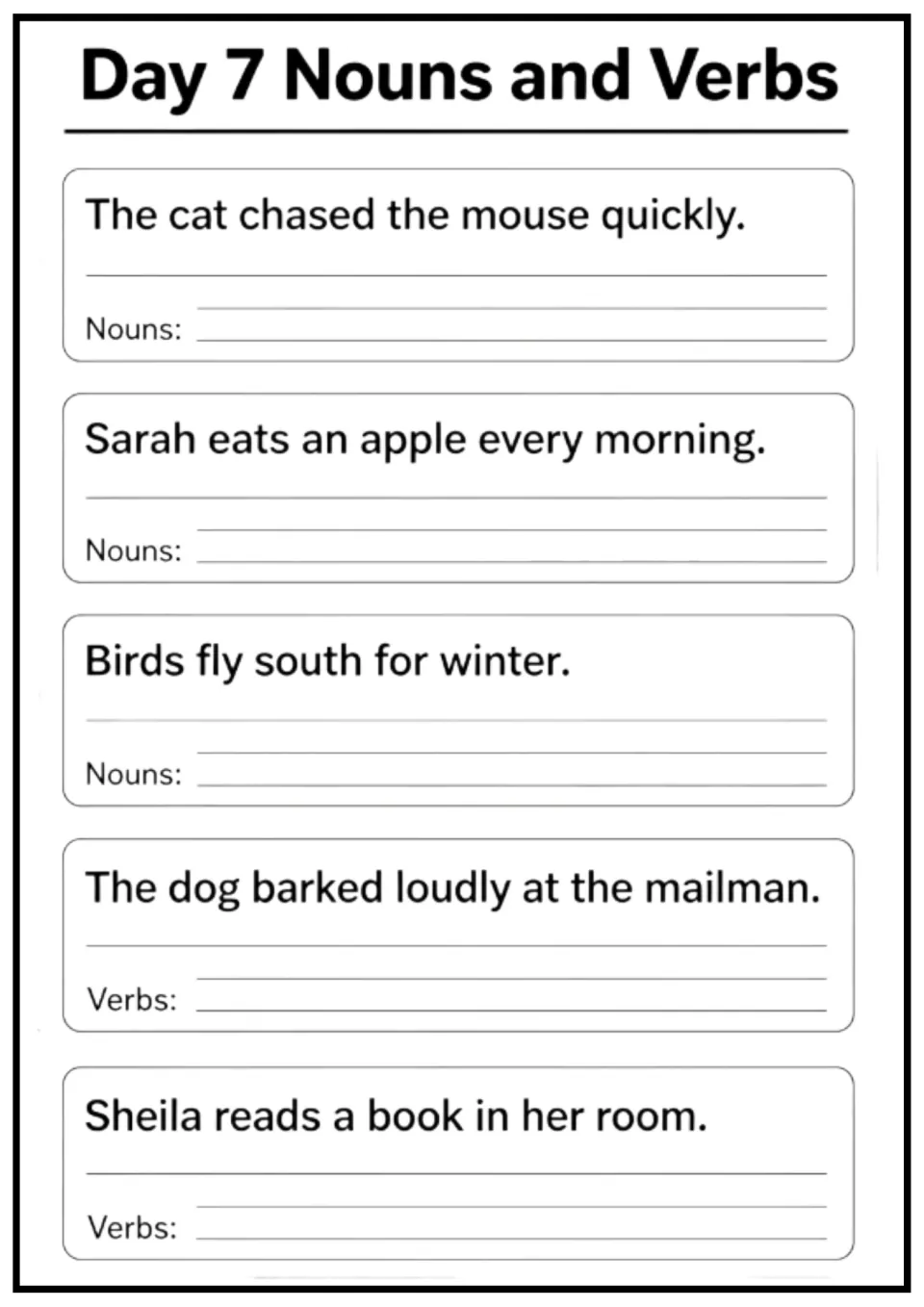 Day 7 nouns and verbs practice uses five sentences about a cat, Sarah, birds, a dog, and Sheila reading