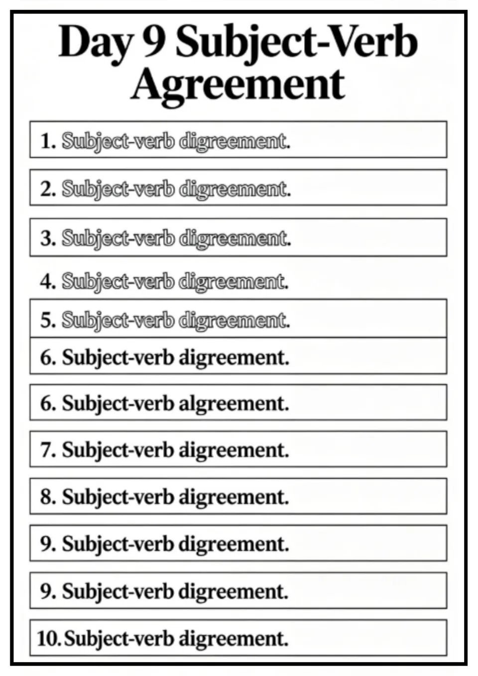 Day 9 subject-verb agreement practice contains repeated misspellings of the topic instead of sentences