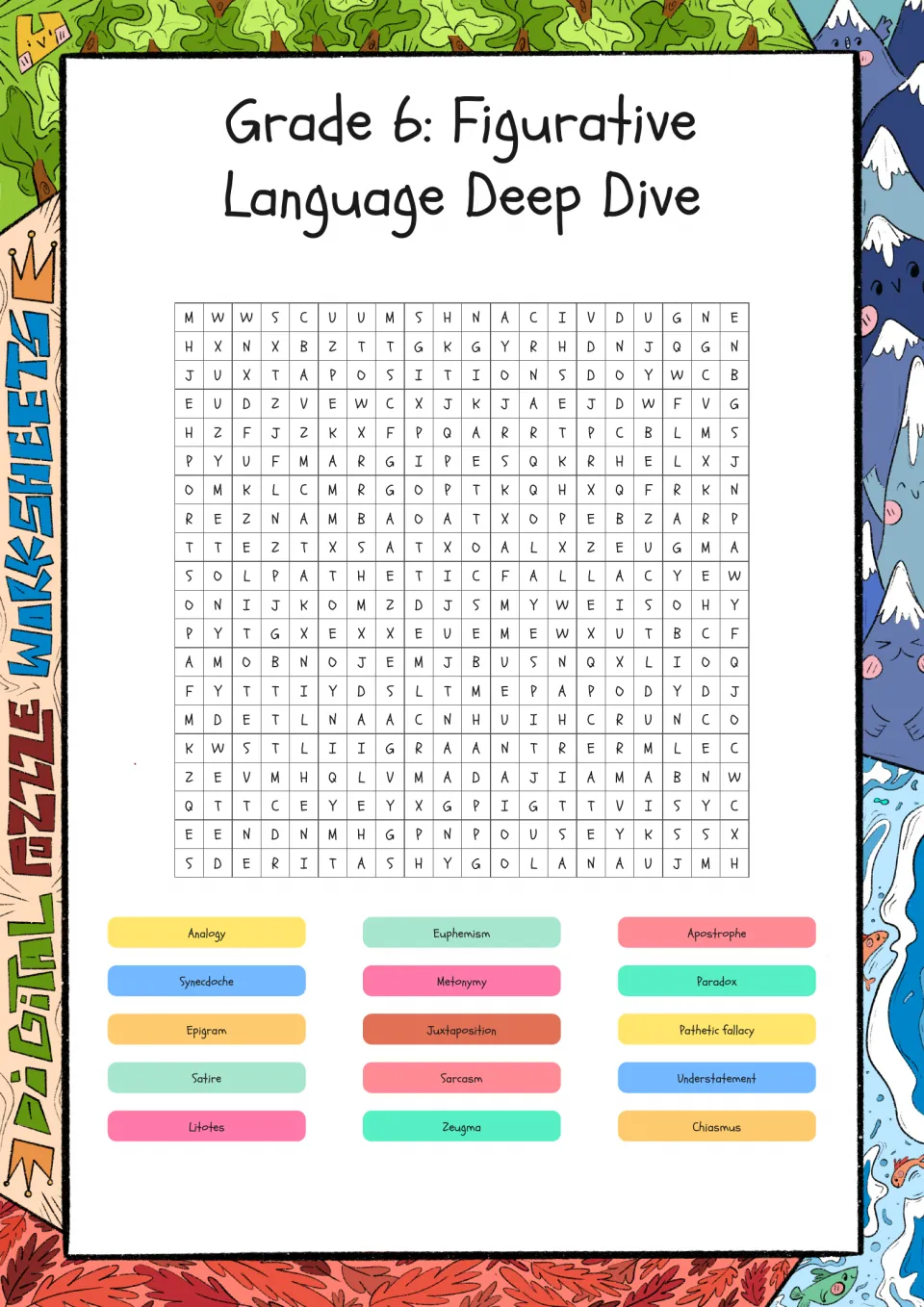 Figurative language word search: students find 15 terms such as synecdoche, litotes, zeugma, chiasmus and paradox