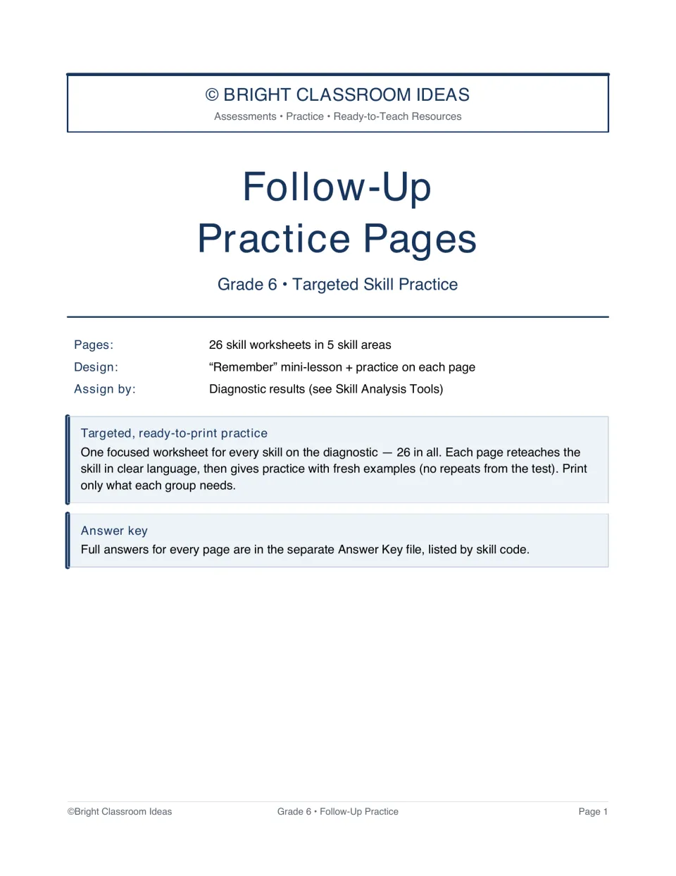 Follow-up practice packet cover listing 26 Grade 6 skill worksheets in five areas and a separate answer key